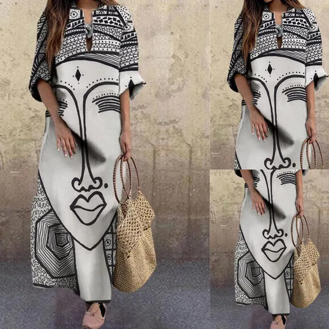 

New Design Plus size clothing Flare Sleeve Character Face Pattern patchwork casual dresses Women lady Gray Maxi plus size dress, 2colors