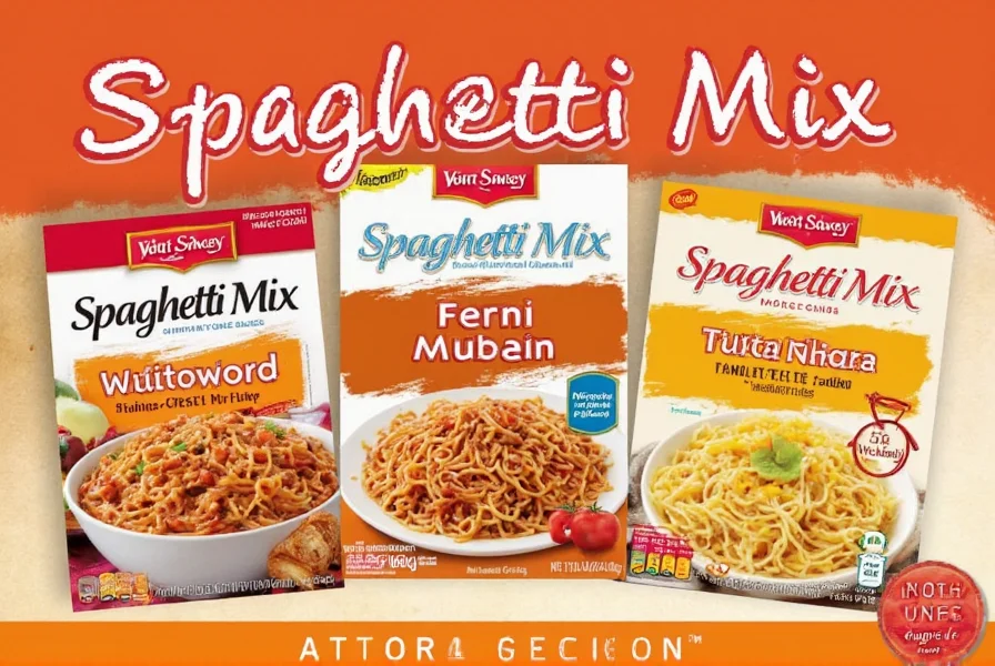 Spaghetti mixes on a kitchen shelf