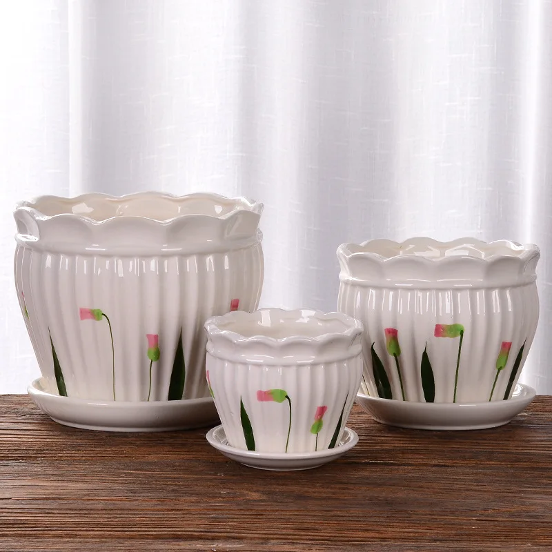 

large size plant container antique style ceramic cylinder flower pot, White ,colorful