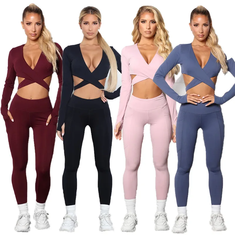 Hot Selling Women Gym Yoga Fitness Fabletics Trinity High Waist Solid Color Leggings Woman Two Pieces Yoga Sets Sportswear, Customized colors