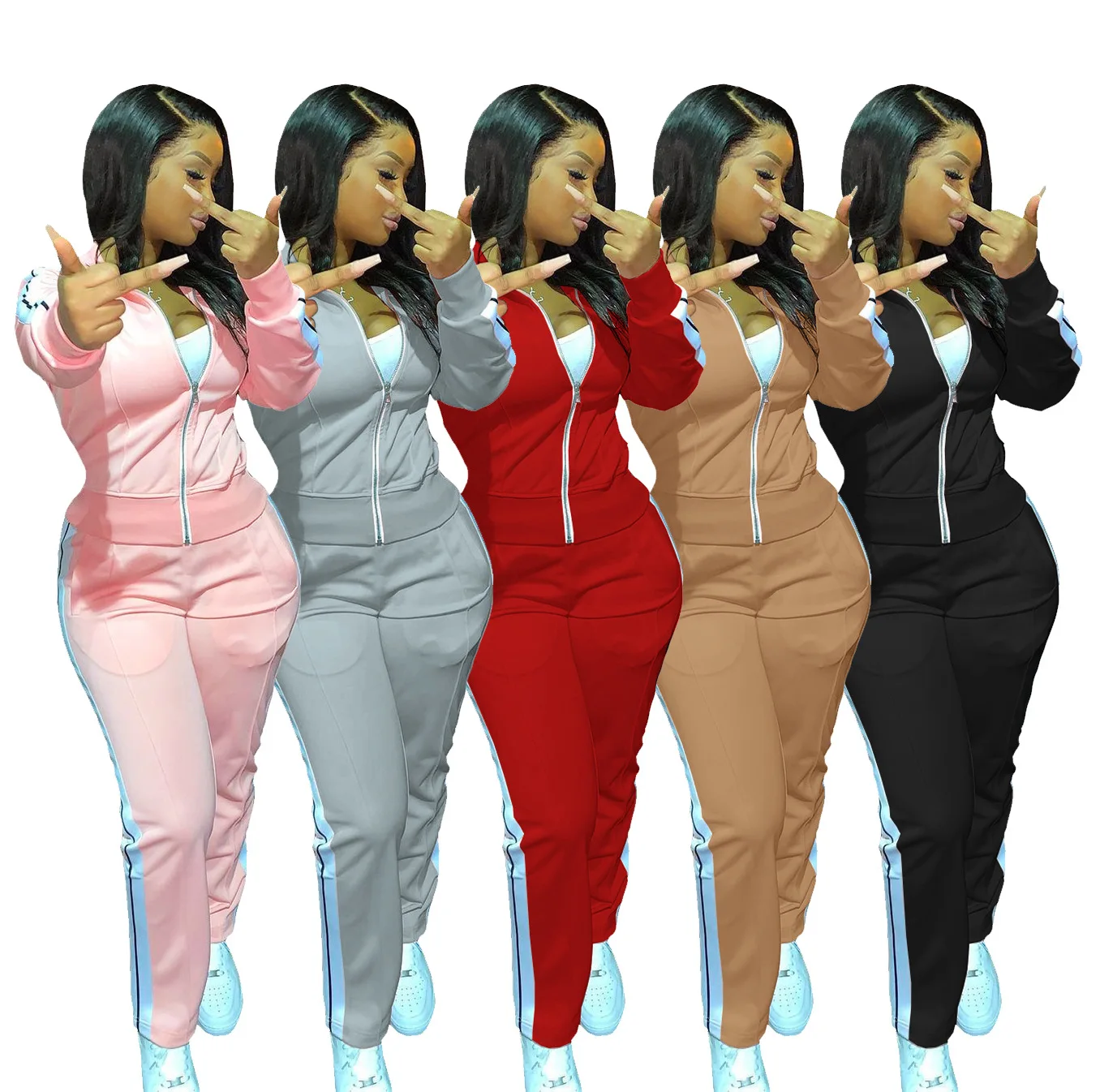 

PDEP hot sale tight pink sport wear long sleeve zipper tracksuit ladies 2 pieces set plus size jogger suit for women