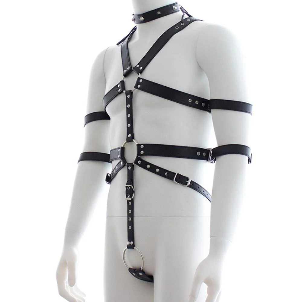 

Mens Black PU Leather Full Body Harness Restraint Set Fetish Sexy Lingerie Suit Adjustable Slave Bondage Restraint