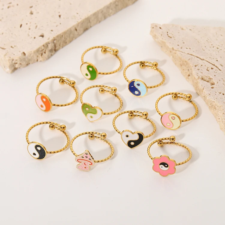 

New arrival popular adjustable ring stainless steel metal yin yang tai chi mushroom cute ring for girls, Optional as picture,or customized