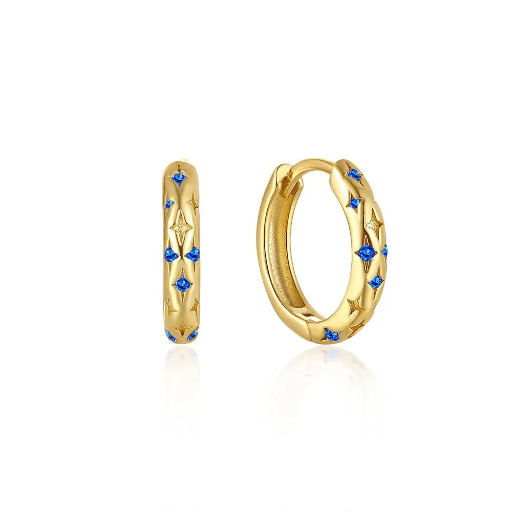 INS S925 Sterling Silver Gold Plated Micro Inlaid Zircon Star 9MM Wide Hoop Circle Earrings 925 Silver Blue Zircon Star Earring