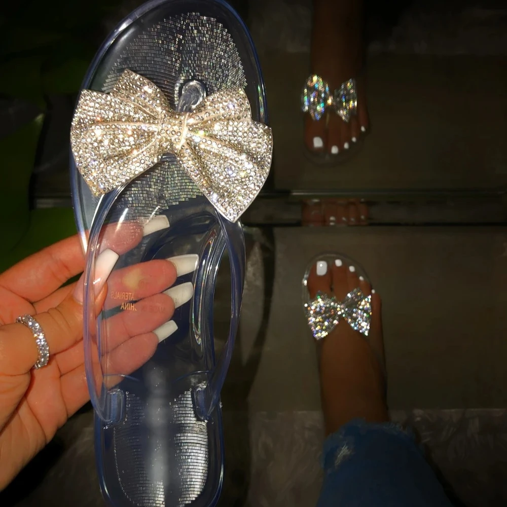 

BUSY GIRL AL8059 Women's transparent flat slide slipper shoes fashion flip flop slippers with a bow