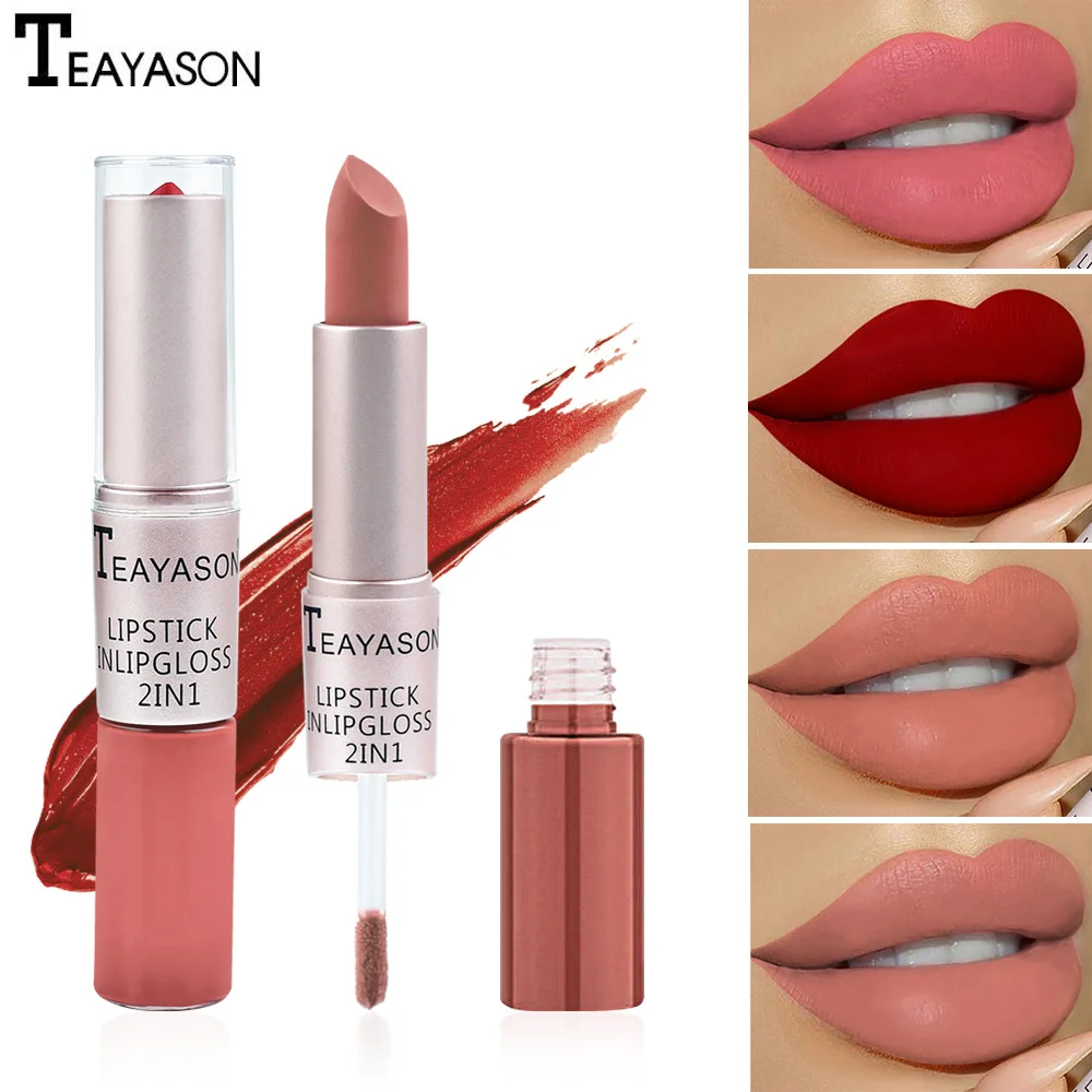 

12 Colors Makeup Lipstick Long Lasting Matte Non-sticky Cup Double Head 2 in 1 Lipstick + Lip Gloss