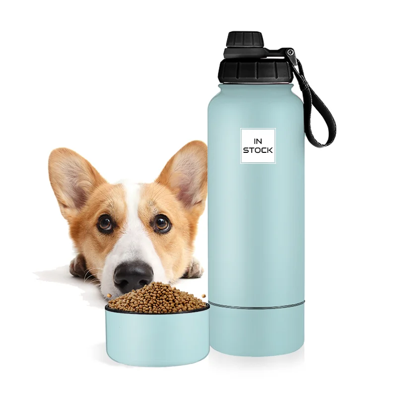 Image of everich top seller 2 in 1 double wall stainless steel pet feeding dog water bottle with dog water bowl bottle travel portable