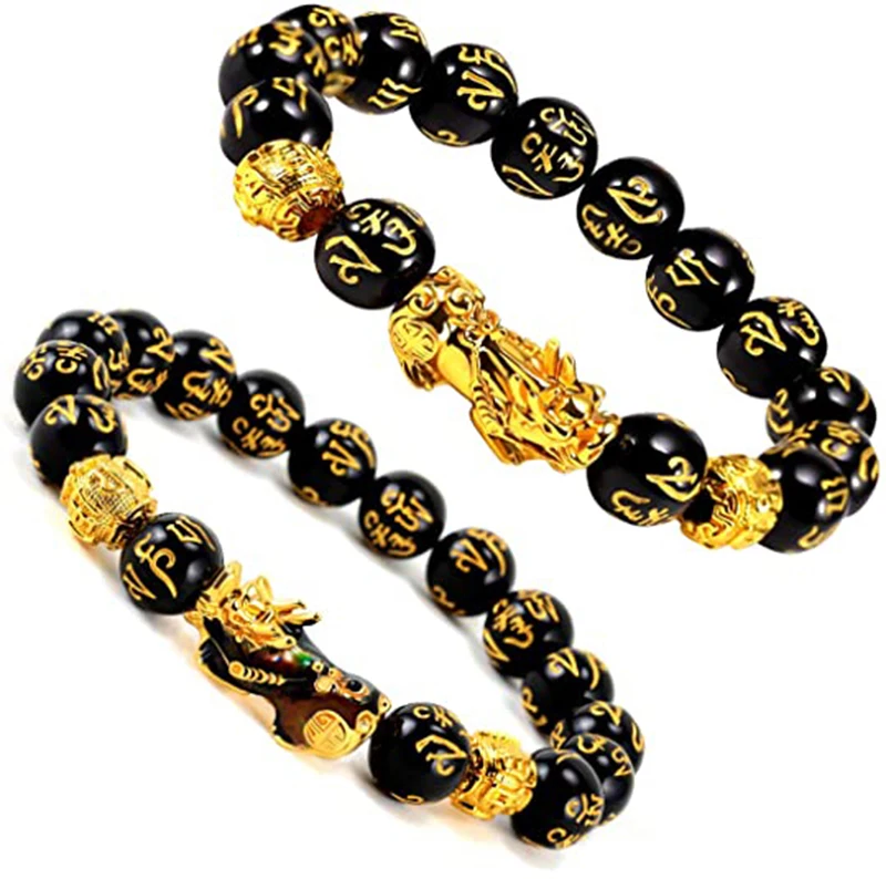 

12mm Hand Carved Mantra Beads Feng Shui Elastic Bracelet Pi Xiu Bracelet Wealth Bracelet for Mens Womens, Gold plated