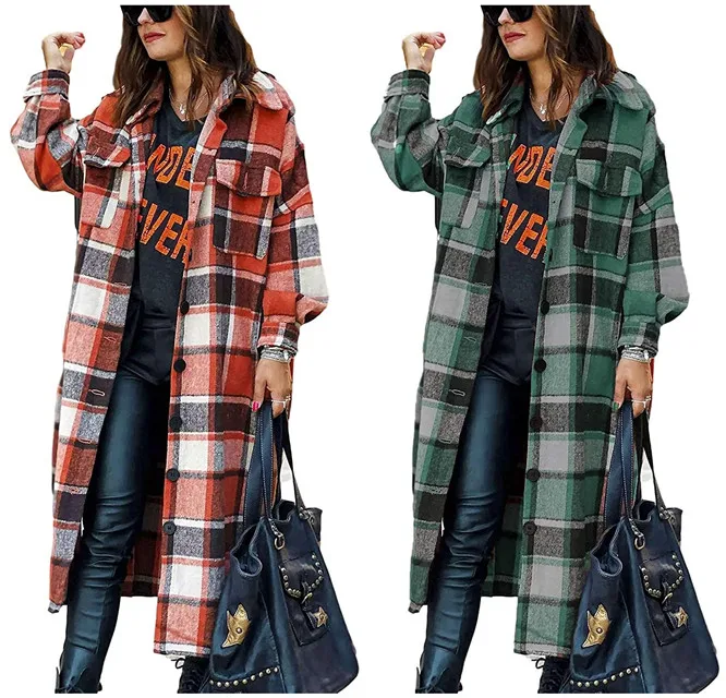 

2021 Women's Long Jacket Plaid Coat Trendy Print Shacket Oversized Shirts Flannel Tops with Pockets Ladies Coat