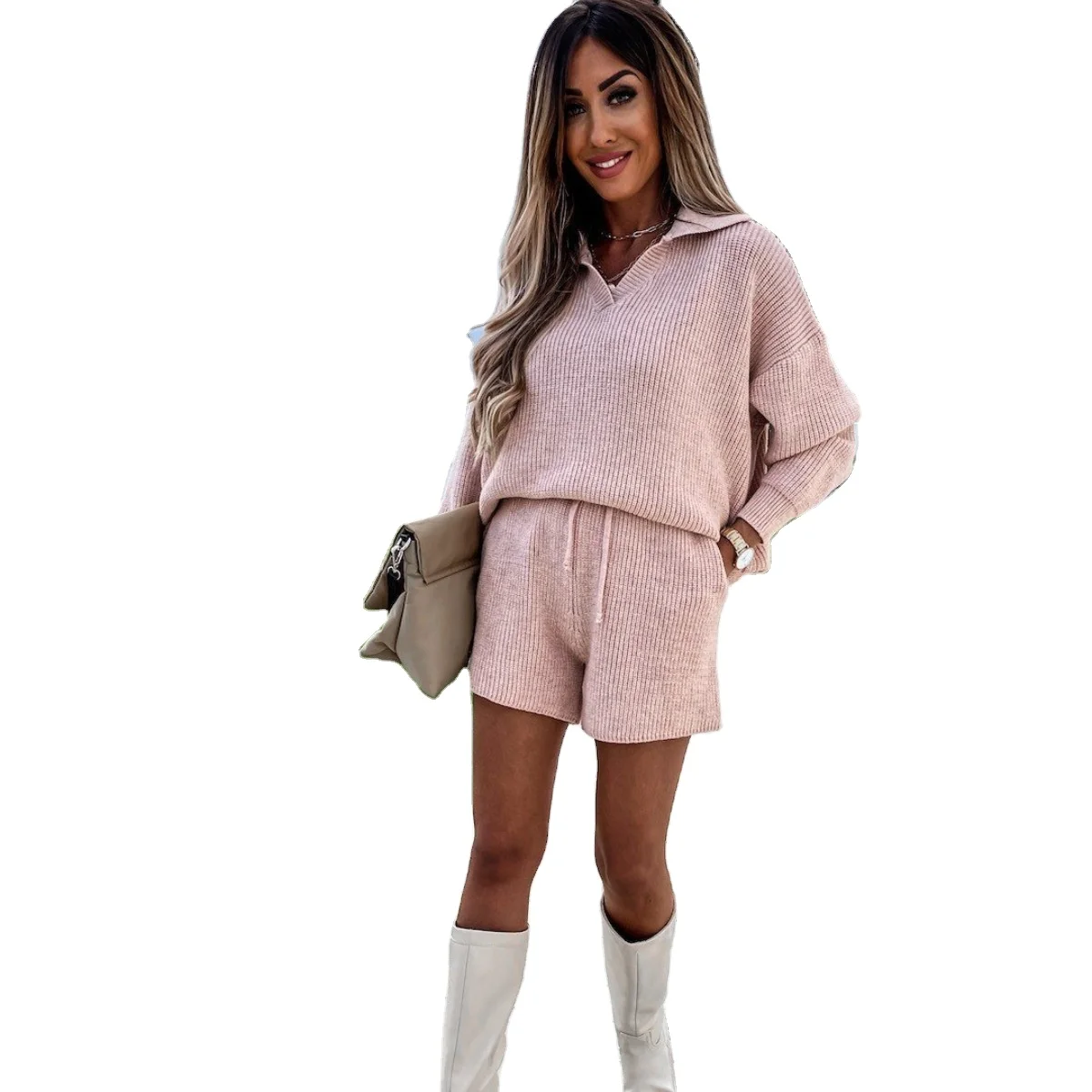 

Spring 2021 womens new v-neck sweater leisure shorts suit two-piece home set