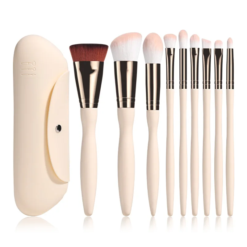 

HMU New Design Custom Logo Vegan Hair 9pcs Beige Travel Makeup Brush Set With Silicon Makeup Brush Holder