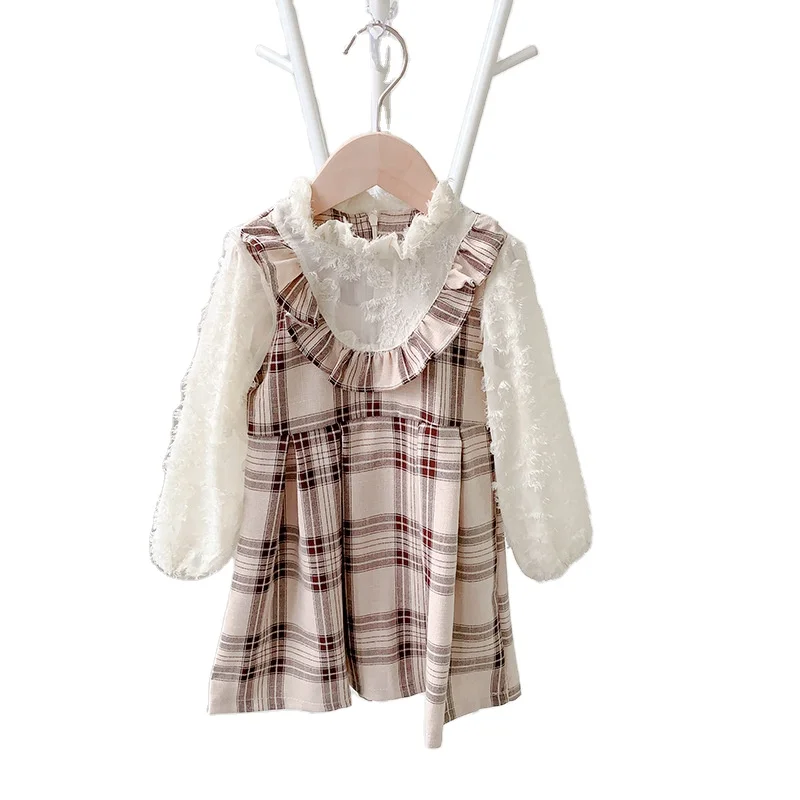 

Autumn children's clothing sweet furry girl dress little girl Korean plaid skirt