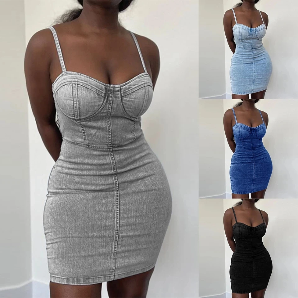 

On sales New Sexy Women Denim Dress For Streetwear Patchwork Sleeveless Backless Solid Lady Summer Bodycon Strapless Mini Dress