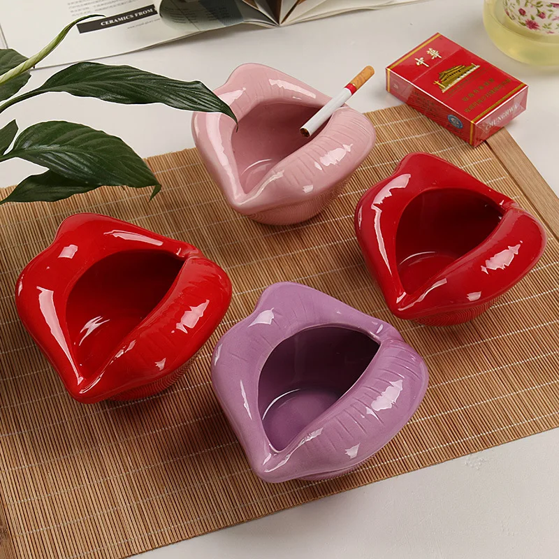 

Amazon Aliexpress Hot Sale Multifunctional Flower Pot Luxury Ashtray Cigar Holder Ceramic Red Pink Lips Shaped Ashtray, Customized color