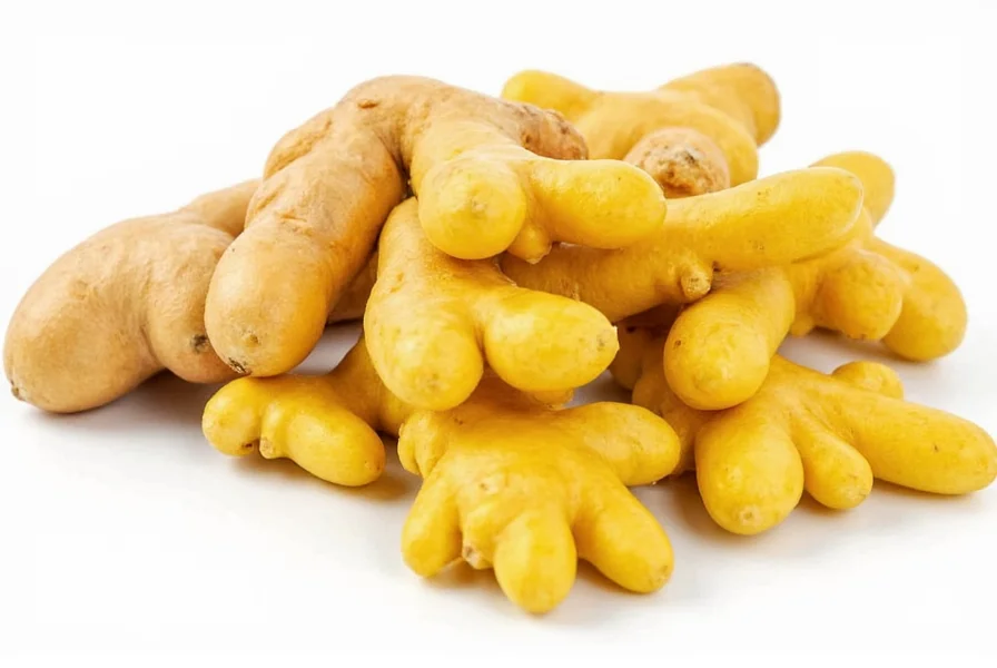 Fresh golden ginger rhizomes with vibrant yellow flesh visible through peeled sections, showing the distinctive color difference compared to regular ginger