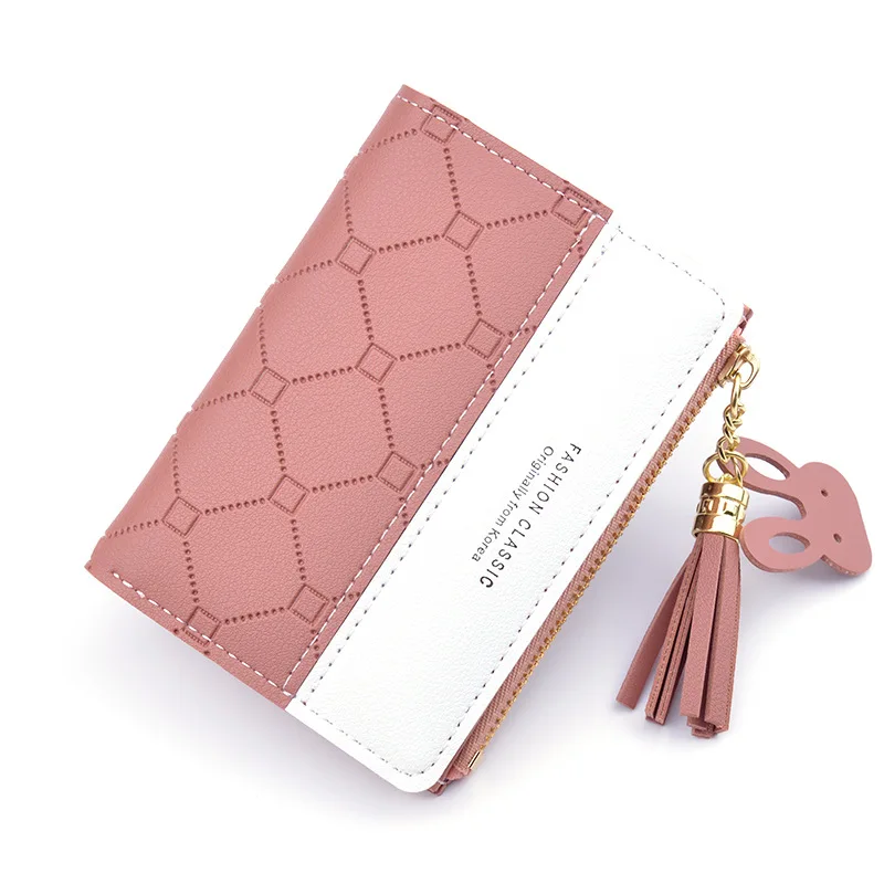 

Women Short Wallet Patchwork Small Zipper Purse Checked Embossed Tassel Wallets Cute Simple Card Holder Pink Mini Money Bag