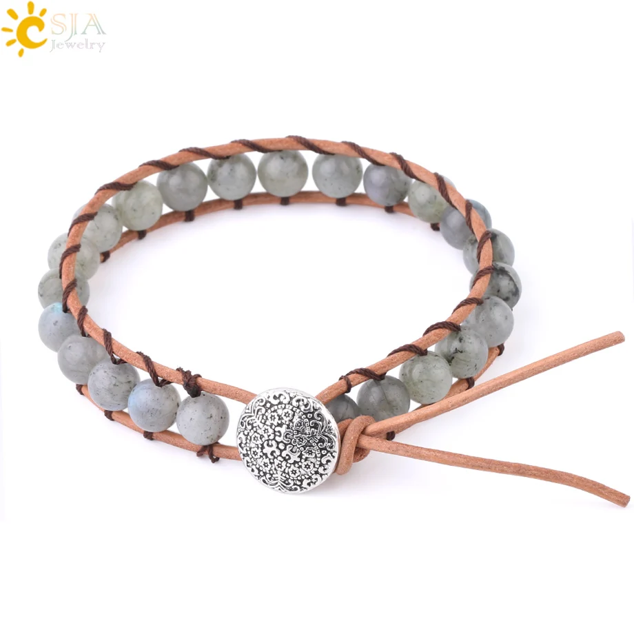 

CSJA boho handmade leather bracelet natural labradorite stone wrap braided bracelet bangle women 2020 fashion jewelry F622