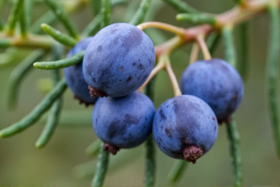 Close-up of juniper berries on branch showing blue-purple color and texture