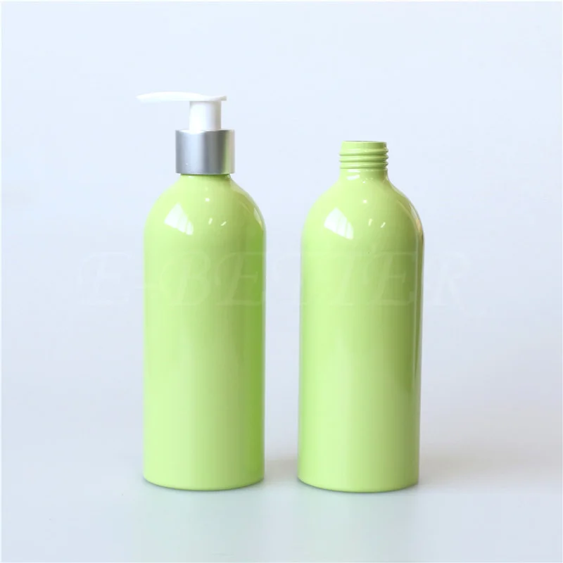

beauty green aluminum cosmetic packaging shampoo bottle with pump 300ml