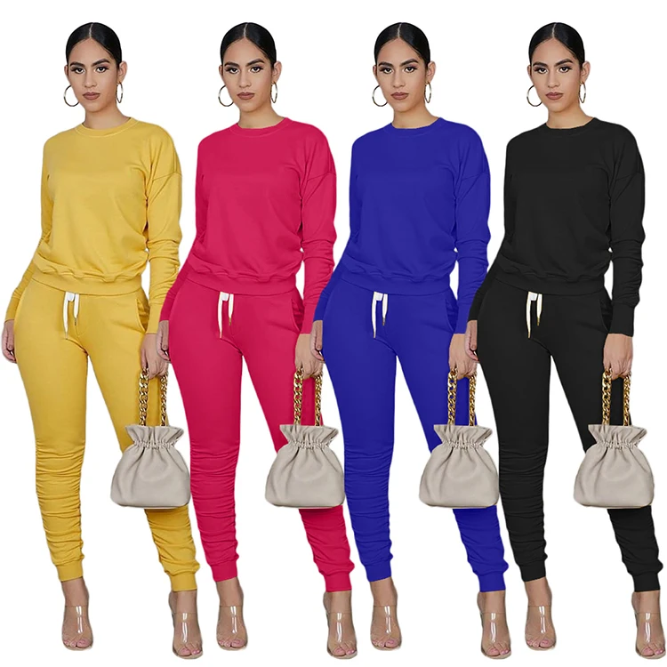 

2021Autumn Long Sleeve Solid Knitted Women Jogger Folds Pants 2 piece Tracksuit Pants Set sweat shirt women two piece set, Can do as your require