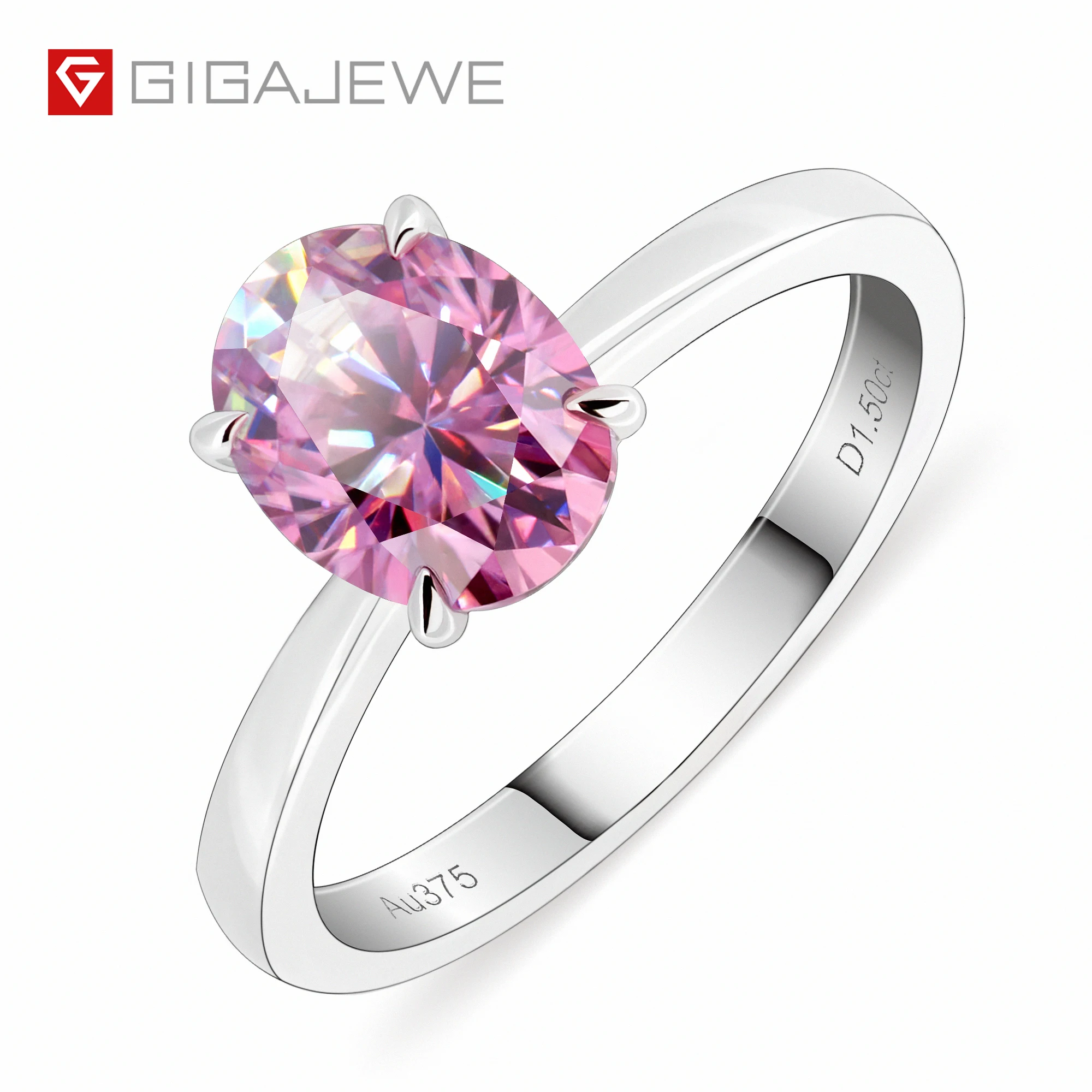 

GIGAJEWE Costume Real 18k White Gold Jewelry 1.5ct 6x8mm Pink Color Round Cut Engagement Moissanite Ring