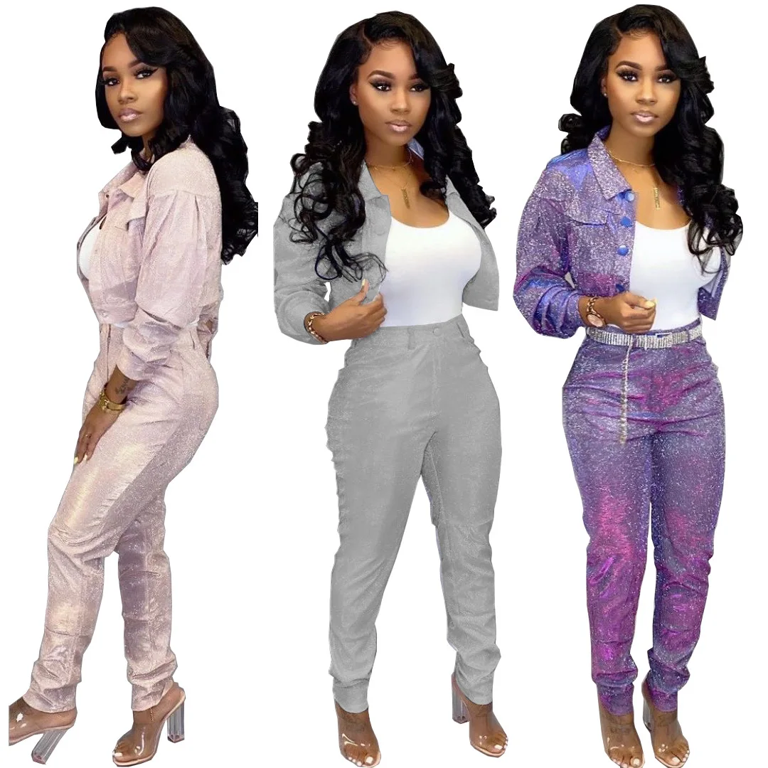 

B54193A Fashion new design women shiny two pieces jacket pants set, Shown