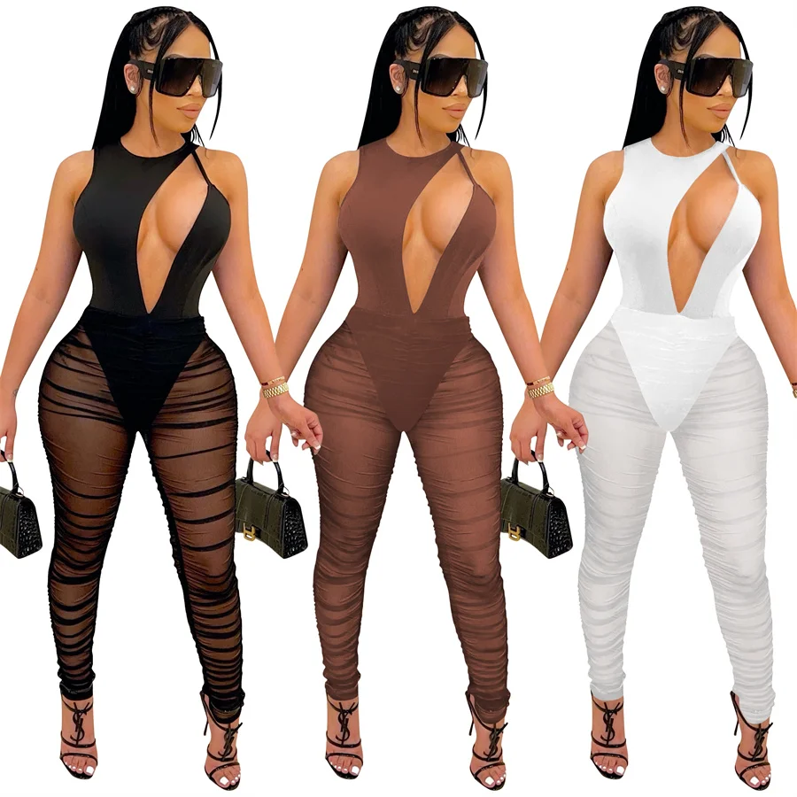 

2021 summer sleeveless solid black color sexy trending hollow out romper one piece mesh see through long jumpsuit women clothing