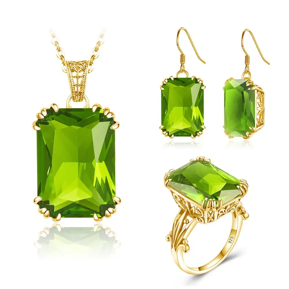 

Victorian Peridot Ring Earrings Pendant Boho Wedding Fine Jewellery 925 sterling silver Gemstone Women Gold Plated Jewelry sets