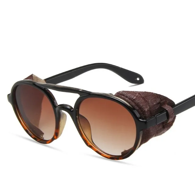 

Round Steampunk Sunglasses Men Classic Brand Designer Vintage Punk Rivet Wrap Sun Glasses Retro Leather Eyewear For Male UV400, Custom colors