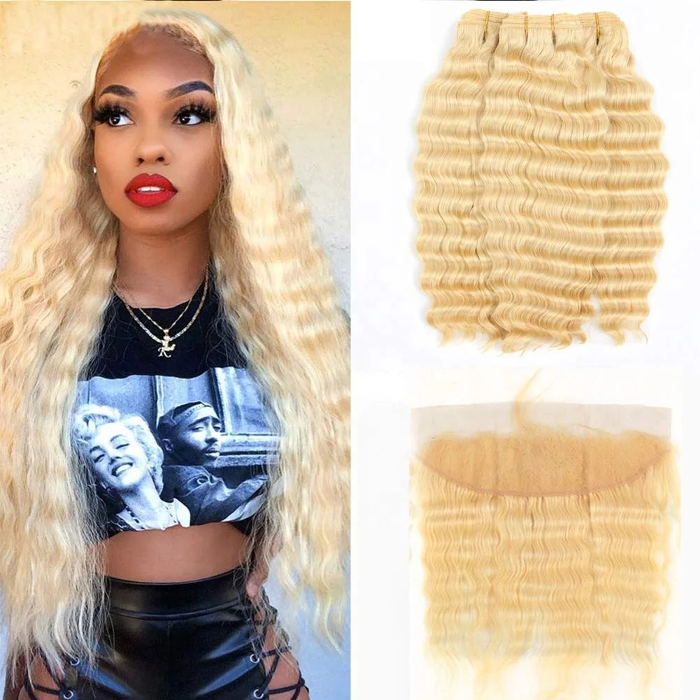 

613 Bundles With Frontal Brazilian Deep Wave Human Hair Remy Blonde Bundles With Closure 13*4 Lace Frontal With Bundles