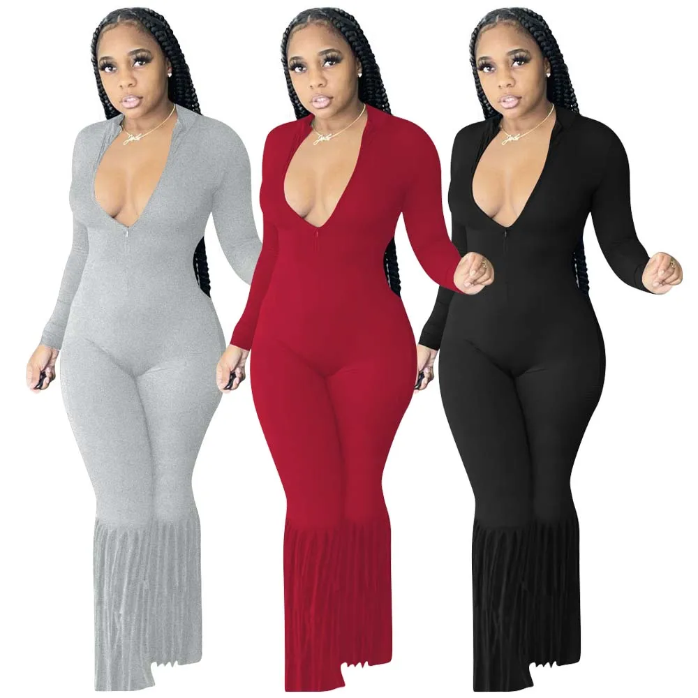 

Foma P8614 New solid color zipper fringed jumpsuits elegant bodysuits for women long sleeve 2021, 3 colors
