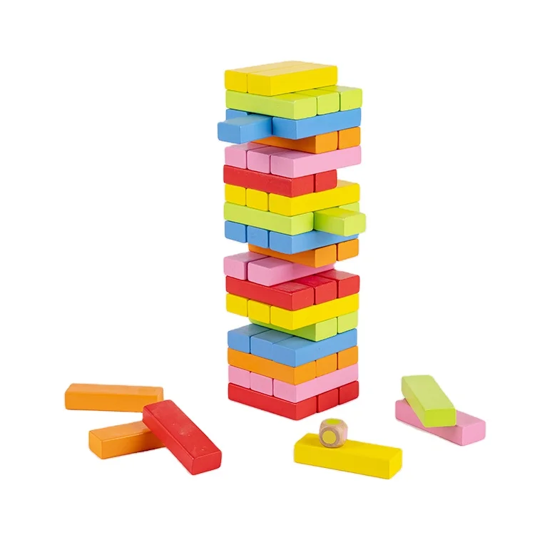 

55Pcs Pine Wood Building Blocks Domino Game Montessori Educational Large Rainbow Tower Stacking Wooden Toy