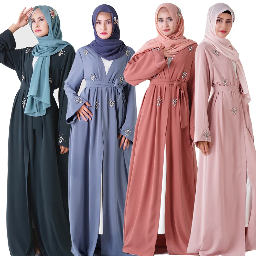 

IDS Fancy Abaya 2021 Muslim Dress Hand-sewn Rhinestone 6 Colors Kimono Malaysia Muslim Dress, Picture
