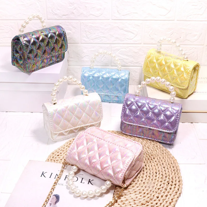 

2021 fashion summer Sequined kid purses pearl handle cute mini handbags, As pic