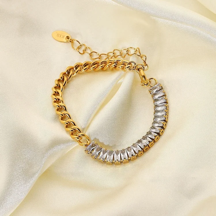

Gorgeous Stainless Steel 18K Gold Curb Cuban Chain Bracelet, Baguette Diamond Bracelet Spring Clasp CZ Stone Tennis Bracelet