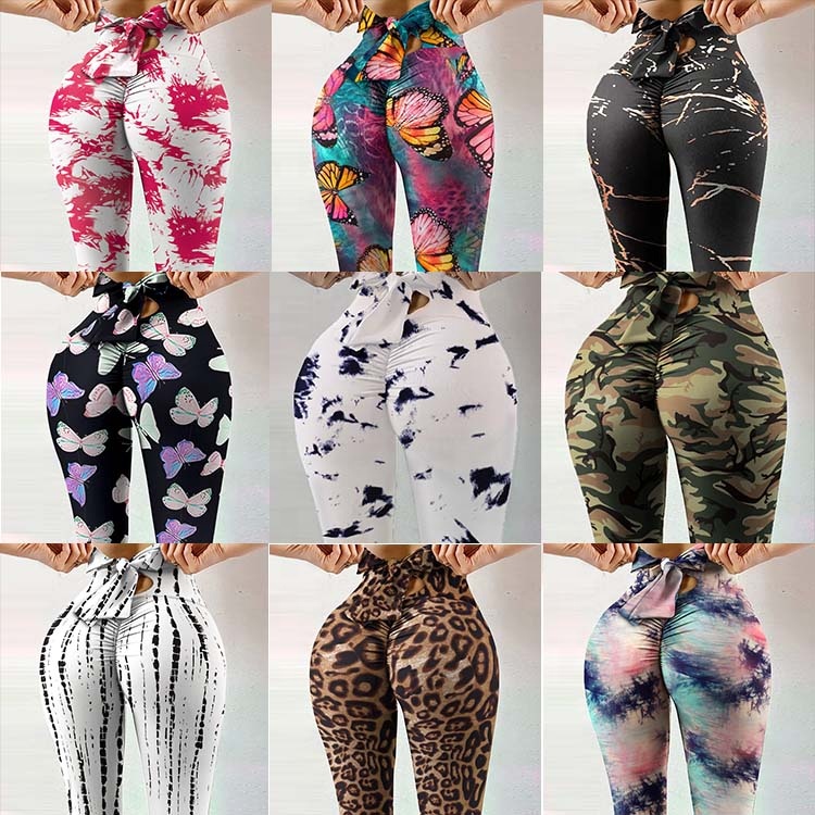 

L Plus Size Fitness high elasticity digital printing bow knot rope pants high waist slim yoga workout leggings for women