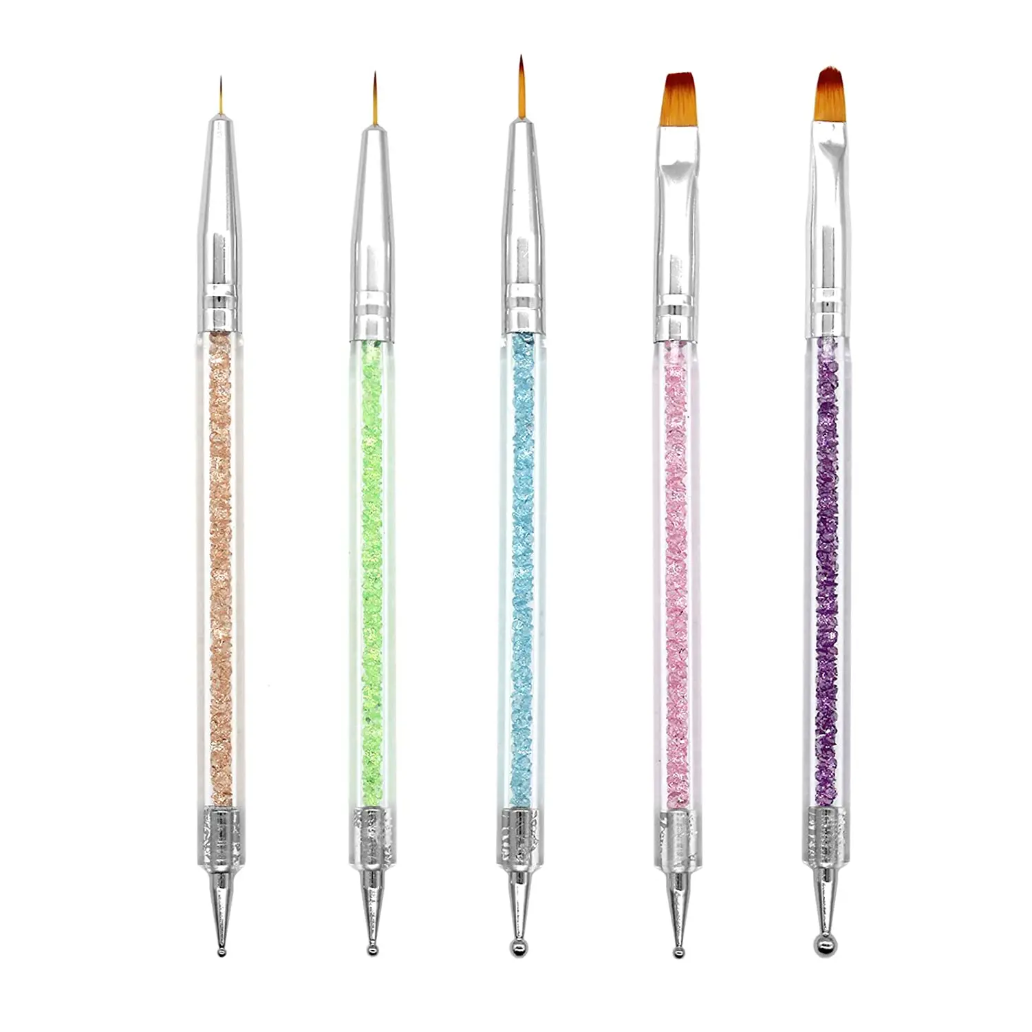 

2021 5 Pcs Nail Design Brushes Acrylic Point Drill Double Head Manicure Pen Nail Polish Pen Interior Brush Tool, Blue, clear, pink, purple,black