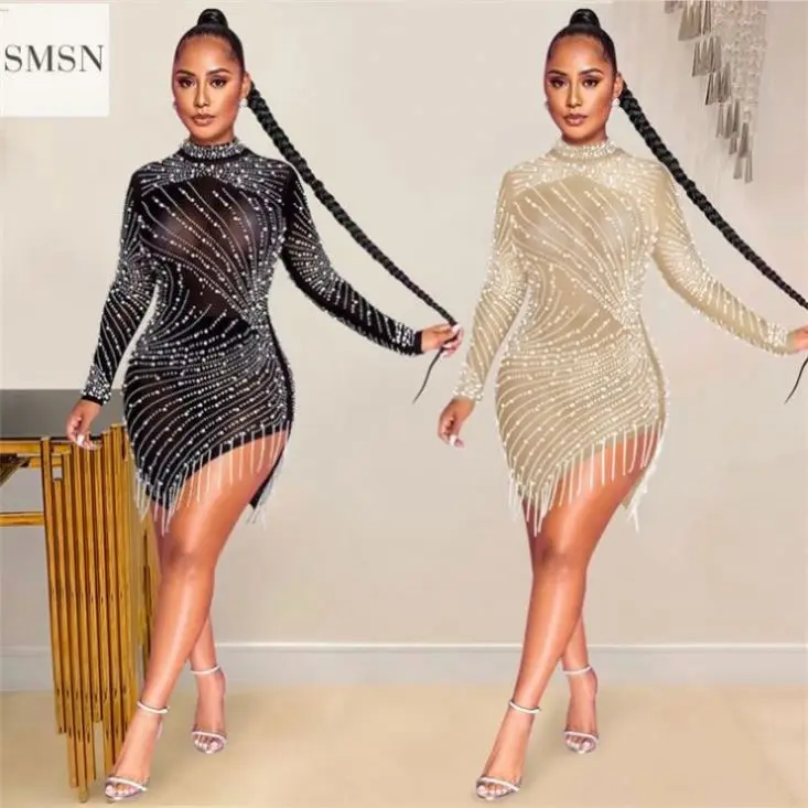 

SMSN QueenMoen Best Design Sexy Night Club Dress Mesh See Through Pearl Tassel Diamond Luxury Party Dresses Women