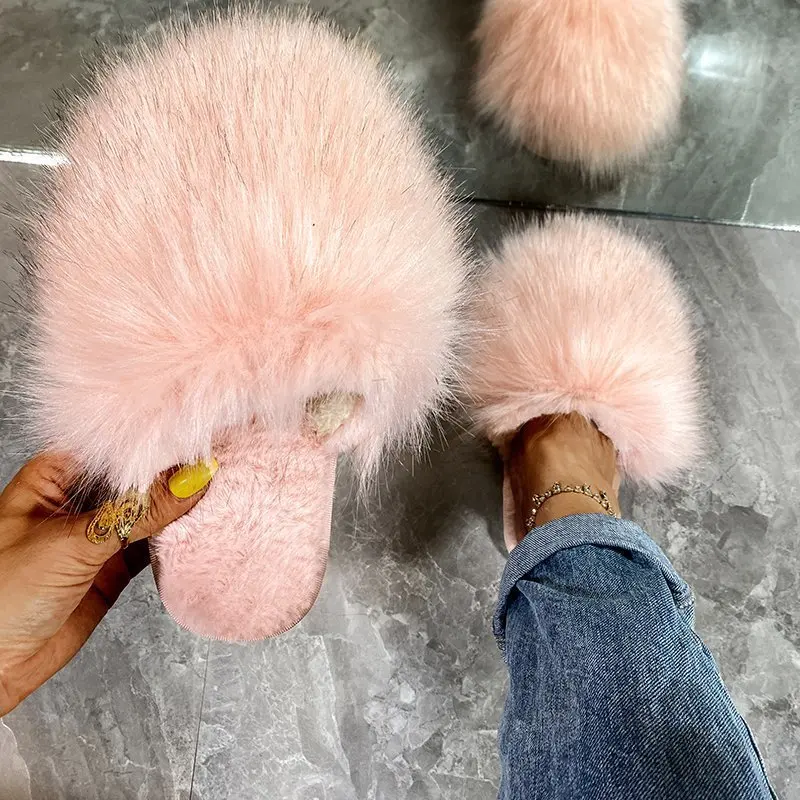 

Fur Leather Rubber Slipper 2021 Designs winter Lady High Heel Latest Design Bedroom Fuzzy Plush Fox Ladies Flat Slippers