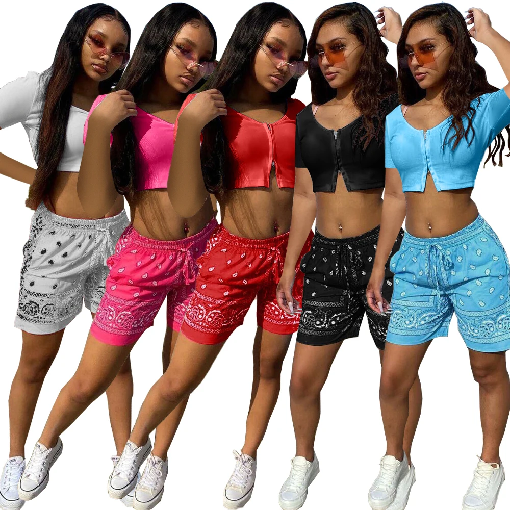 

2021 New Fashion Women Summer Short Set Streetwear Crop Top Short Set Women Scoop Neck Drawstring Women's Two Piece Shorts Sets