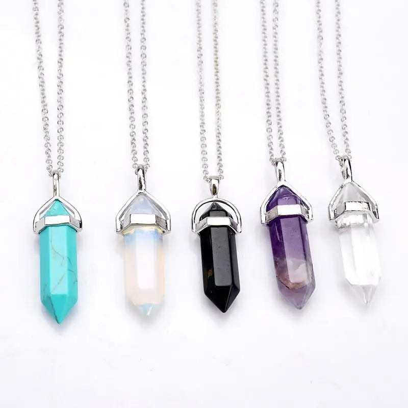 

Bullet Shape Real Amethyst Natural Crystal Quartz Healing Point Chakra Bead Gemstone Opal stone Pendant Chain Necklaces Jewelry