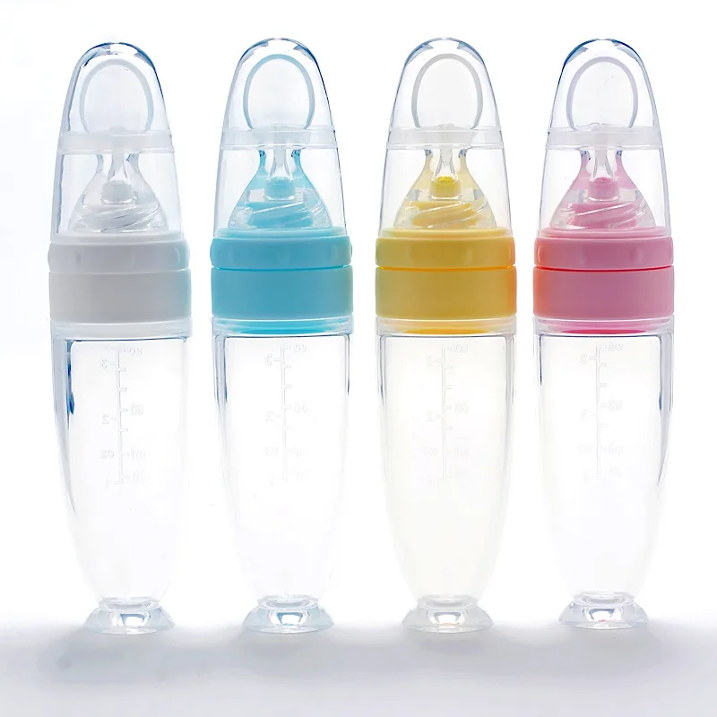 

90mL baby food feeder suction silicone squeeze baby feeder bottle with spoon