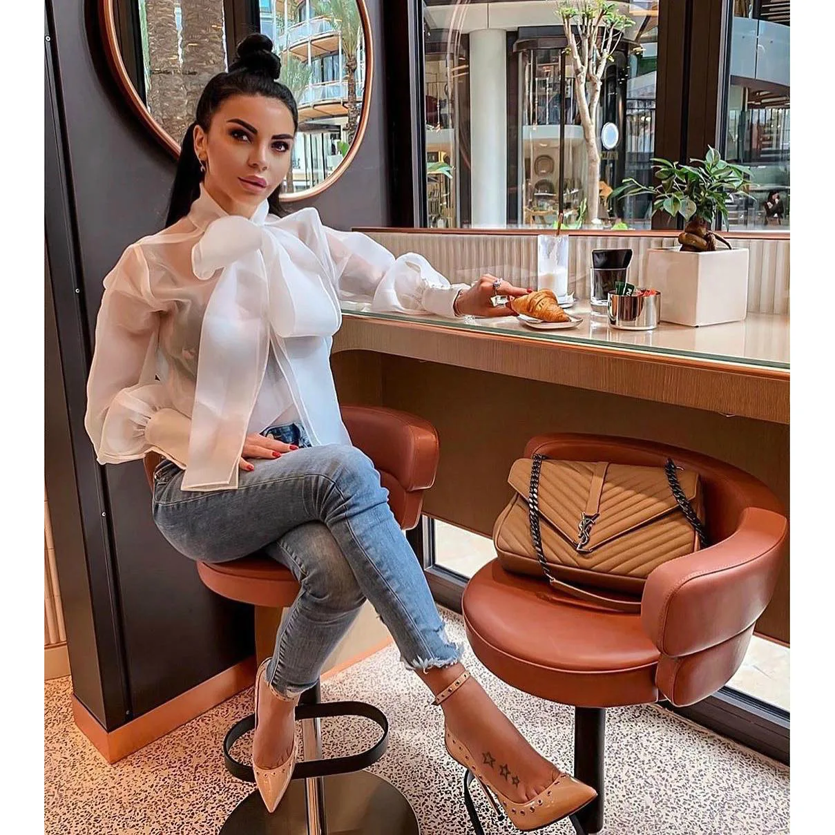 

Women Sexy Perspective Tops Ropa De Mujer Bow Tie Neck Transparent Organza Sheer Blouse Women Autumn Bishop Sleeve Tops Blouses, Picture color