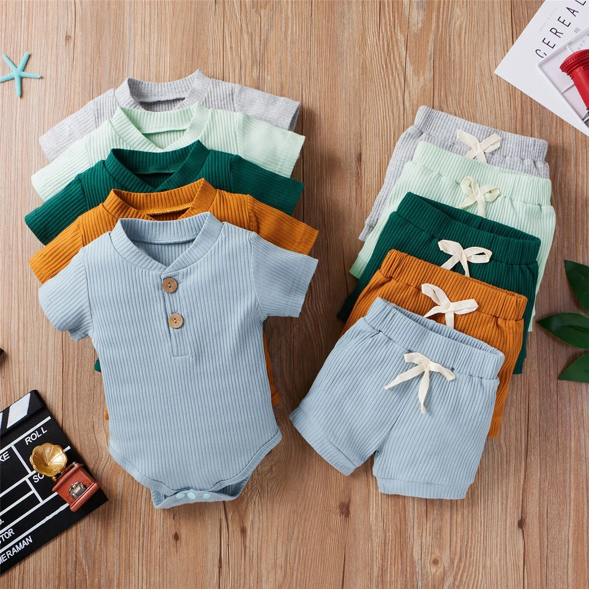 

Summer Newborn Infant Toddler Clothes Boy Girl Outfits Cotton Ribbed Romper Shorts Baby Clothing Sets, Photo showed and customized color