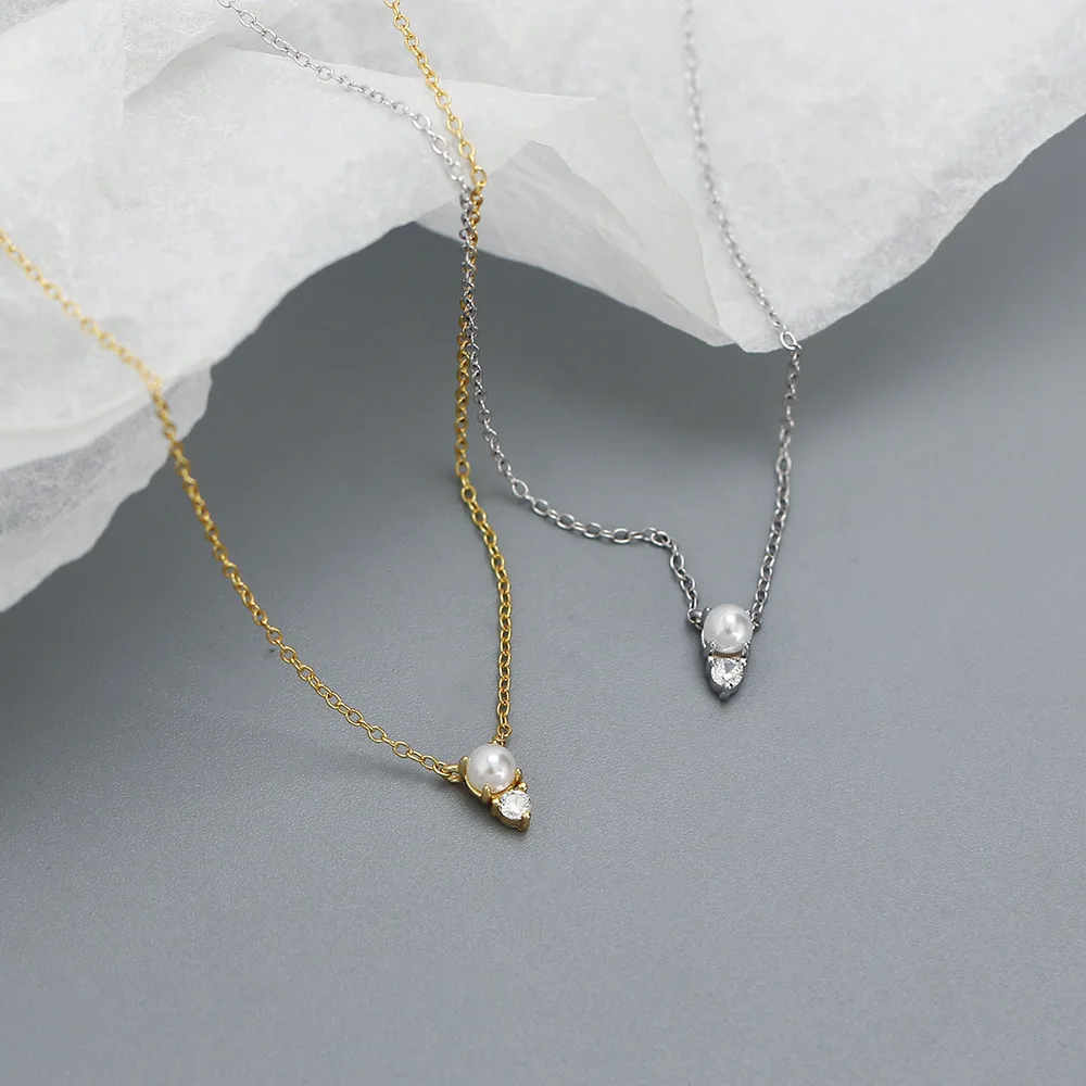 Wholesale Fashion Jewelry 925 Sterling Silver Pearl Diamond Cubic Zircon Gold Plated Clavicle Necklace Jewelry for Women