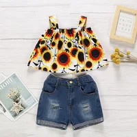 

Summer new sunflower print sling + pants two-piece clothing set