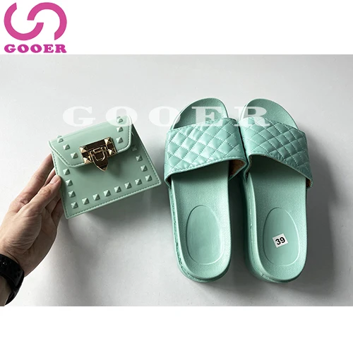 

GOOER 2021 Desiger girls Light Blue Yellow slides purse two peice set mini rivet bag and shoe sets platform sandals for women, Picture