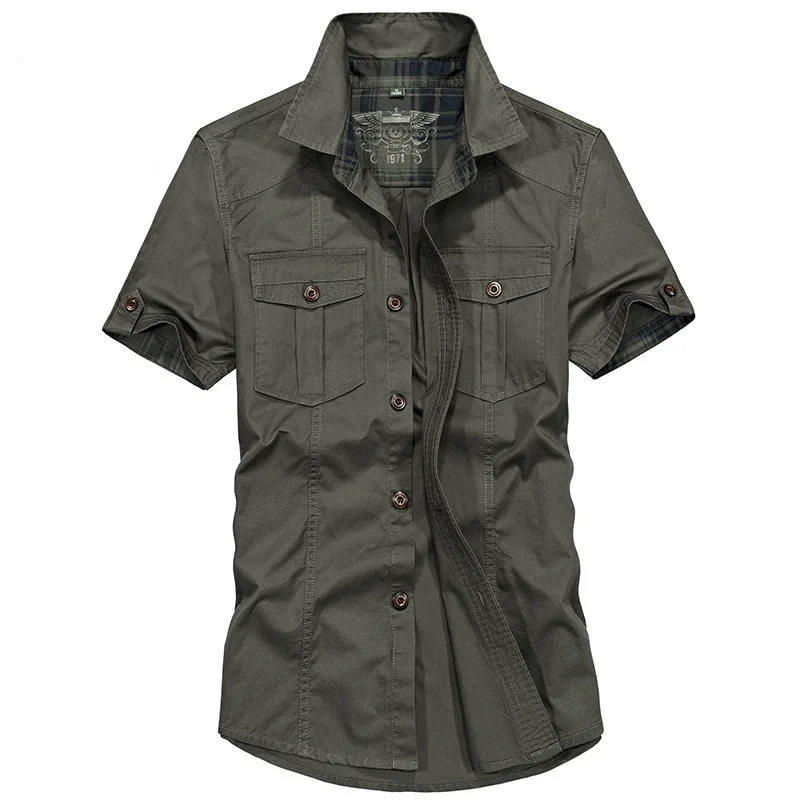 

Summer Breathable Cotton Military Plaid Green Khaki Short Sleeve Men's Shirts