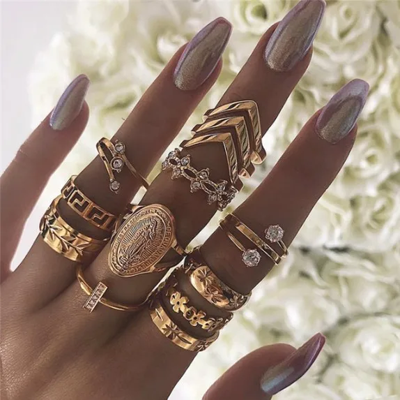 

13 ps/set Fashion Cheap Gold Color Midi Finger Ring Set Vintage Punk Bohemian Ring Women Set, As photo