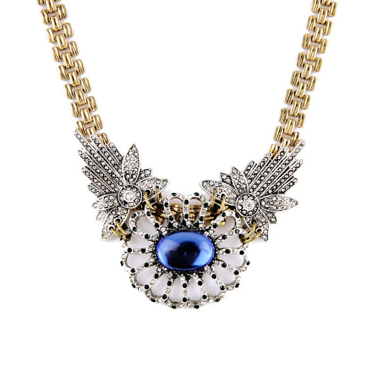 

xl01707 Blue Hollow Flower Silver Wings Crystal Gemstone Jewelry Gold Plated Chunky Chain Charm Women Cuban Link Necklace
